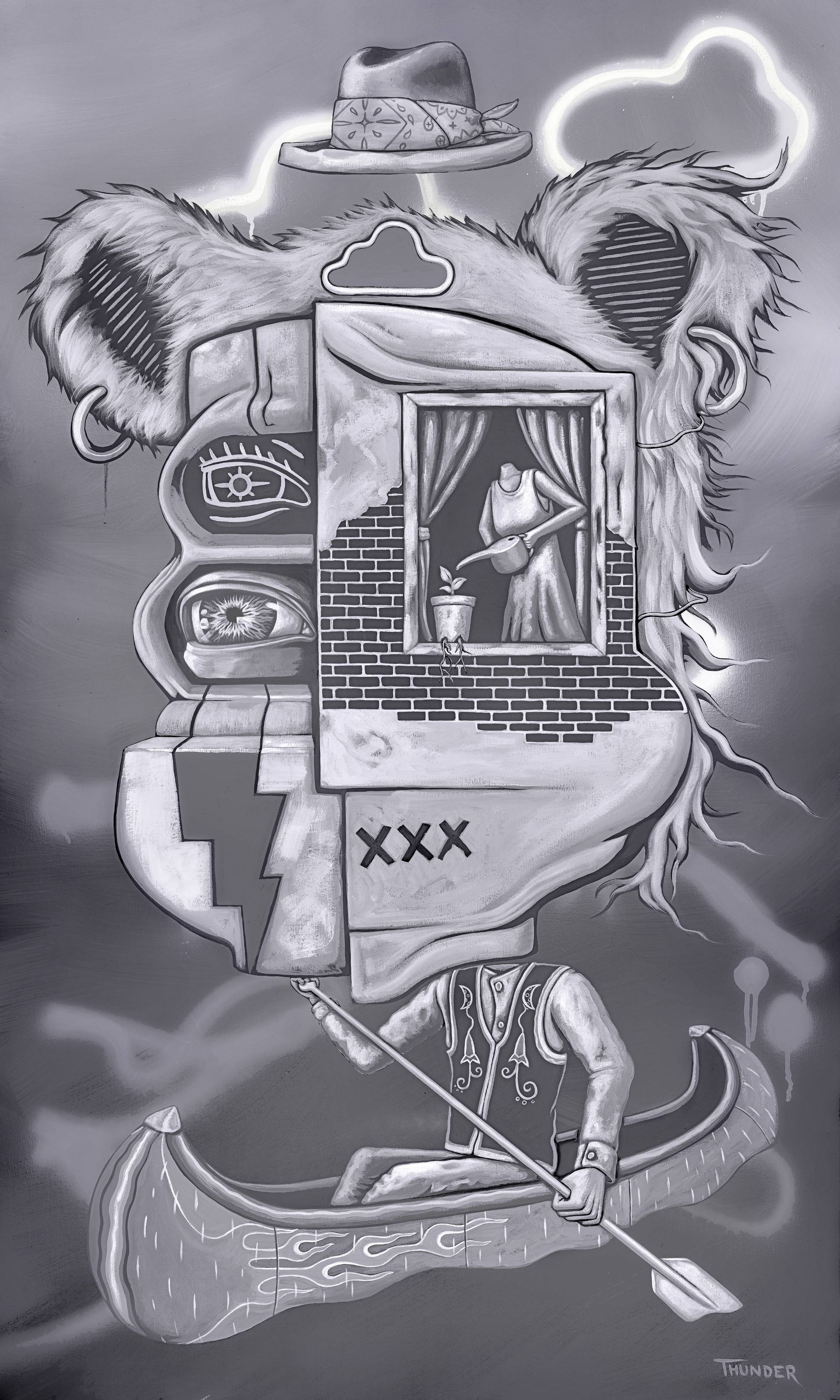 Greyscale painting of a figure with a bear shaped head with a window in a canoe.